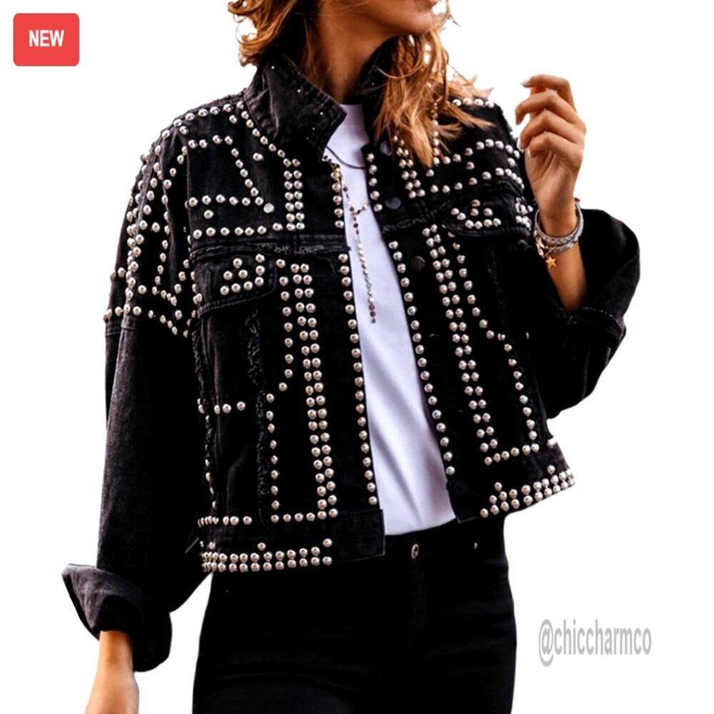 Distressed Denim Jacket with Fringe and Studs, Crop Fit, Western Style